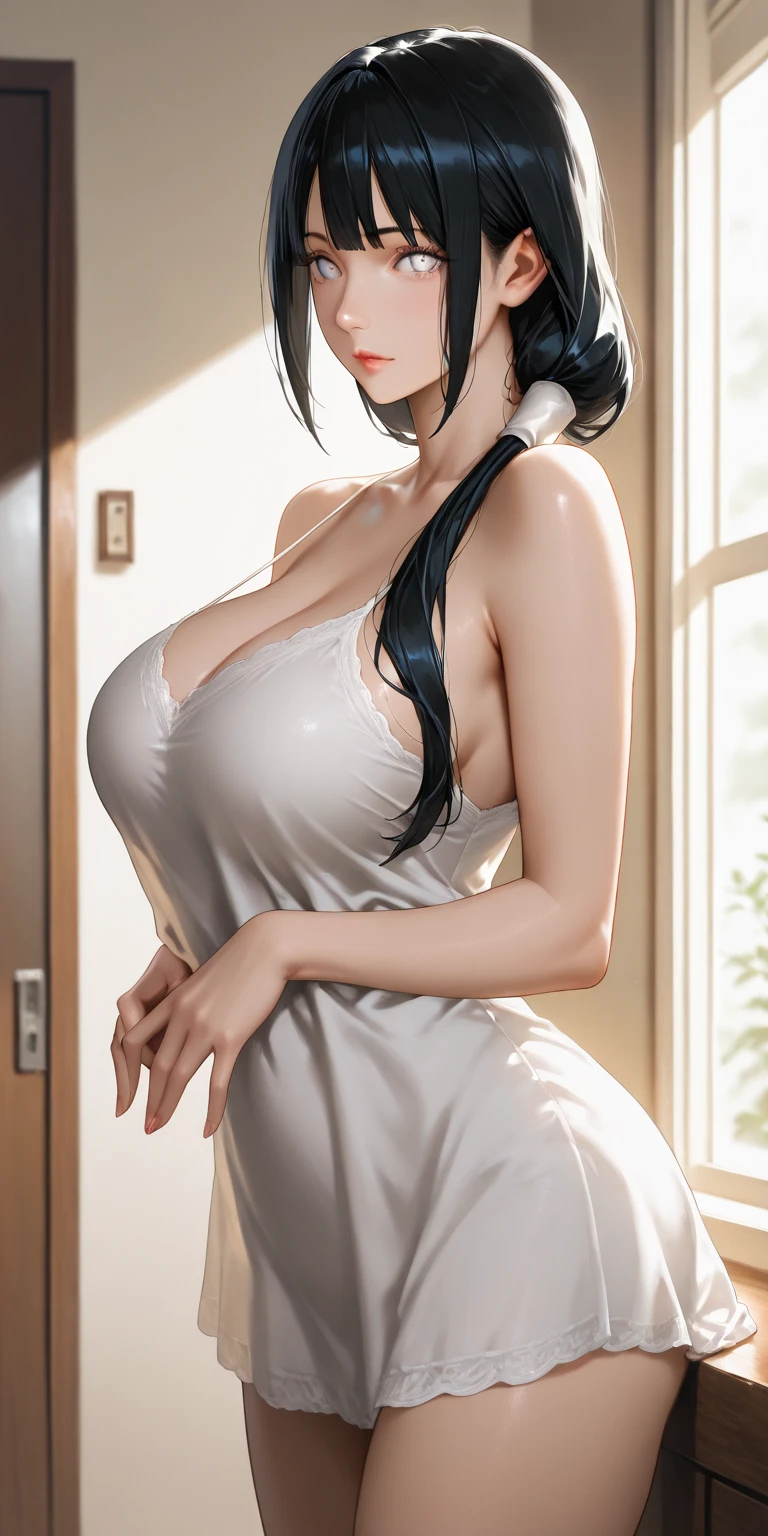 long shot, A beautiful 30 years old woman with gorgeous face, west European beauty, white skin, massive breasts, standing in the kitchen, facing dishes sink, looking back at the camera, wearing apron, cleavage, long shiny black hair, bright lighting, highly detailed, 8k, masterpiece