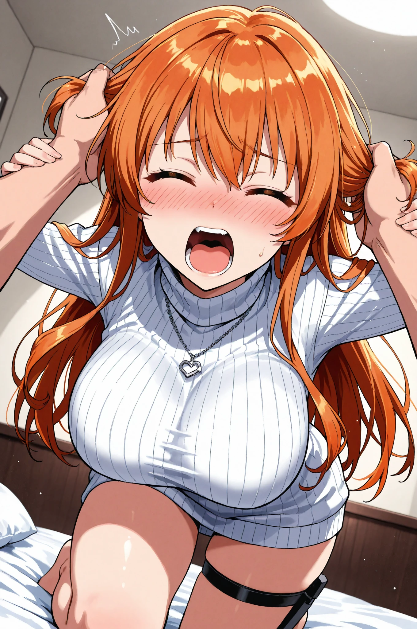 1 girl,独奏,inoueorihime, inoue orihime, long hair, orange hair, (grey eyes),T-shirt,((shirt lift)),(color bra),
BREAK looking at viewer, full body,
BREAK indoors, classroom,(large breast:1.2),big tits,wide tits,round breast,busty,Toned body,Thin limbs,sweat,breath,blush,Estrus, perfect body,floox style, rating_explicit, floox style, high resolution,,, expressiveh,, perfect anatomy, masterpiece, 独奏, naughty face,,,, , ,,detailed eyes, indoors,close-up, breasts focus,round breasts,blush,Slim figure,grabbing breasts,My chest is crushed by being grabbed,pov hands,((breast grab)),Ecstatic expression,A melting expression,shame,Feeling of weakness,Ecstasy face,Climax face,(Chest-rubbing motion),(My chest is shaking:1.2),Breast shaking