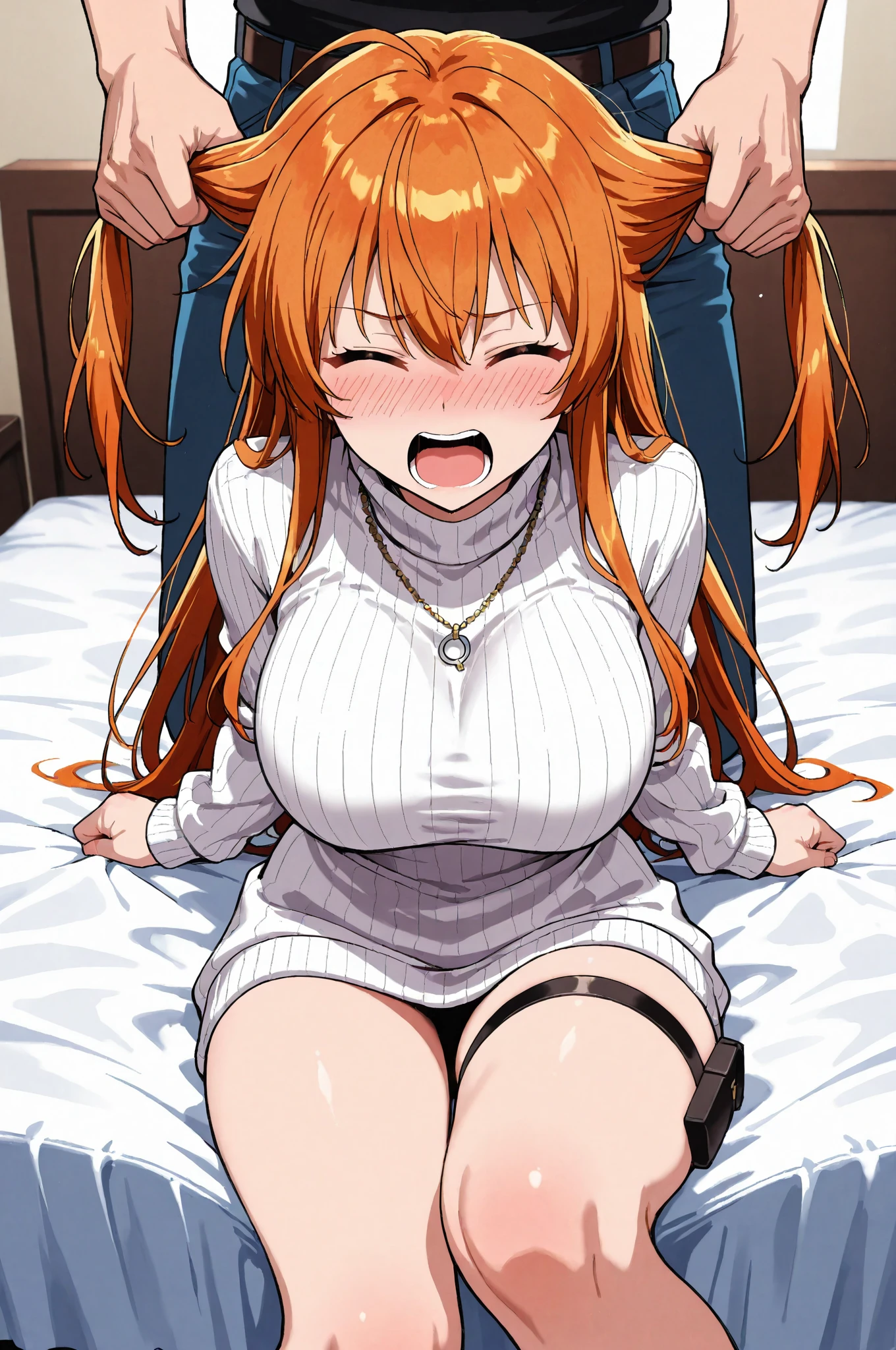 alone, Yuuki Asuna, ((masterpiece)), High resolution,Bright orange hair、One boy, blush, Open your mouth, Grab your chest , Heterosexual, , Long Hair, Big Breasts、Swollen nipples, nude、 throw, Sex, On all fours, Sweat, Frustrated face、Drooling、vapor Comic book style、2Being molested by a man