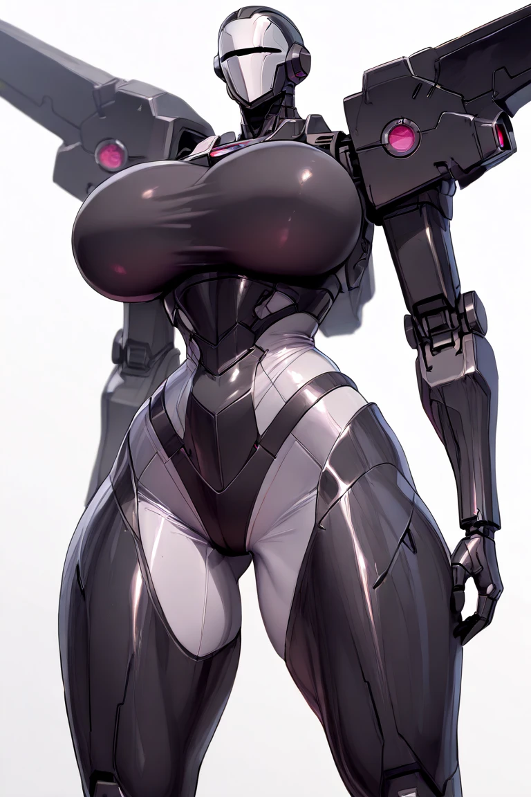 (1GIRL, alone, 独奏), (super detailed face), (Black Long Hair:1.2), (BIG BUTTOCKS, 11 LINE ABS, CLEAVAGE, HUGE FAKE BREASTS:1.5), (MECHA GUARD ARM:1.3), (A girl wearing sexy clothing，scantily clad，Whit cyberpunk sexy maillot，tight clothing，maillot，tight，fitting closely，High slit tight fitting clothing，Glowing eyes，Gloves，（A huge chest：1.4）,Large area of skin，The only person，lackluster in one's eyes，A cold expression，White woman，mechanical artificial limb,Mechanical neck，mechanical high heel stiletto boots, Slim waist, Wide hips，High target，Full body portrait，完美的woman身体，woman形象，High-tech laboratory，woman，a voluptuous figure，Mechanical joints，Cyberpunk，Half of the chest is not covered，Thigh gap， Ceramic material，Hollow waist，Facing the audience，very short shaved hair，White hair，crew cut，tomboy， giant breasts, giant ass, very curvy, shiny silver hair, bright blue coloured eyes, cyborg, robotic arms，mechanical parts，Bare thighs，Sexy clothing，Mechanical headphones，Expose buttocks,Bare waist，Large area skin exposure， MECHA GUARD ARMOR LEGS, HIGH HEELS:1.5), (THICC MUSCULAR FEMALE BODY, SEXY LONG LEGS:1.1), (LOOKING AT VIEWER:1.3), (female focus:0.886),(BRIGHT LIGHTING:1.5), ULTRA HIGHT DEFINITION,Whit，highleg leotard，cyborg，cyberpunk