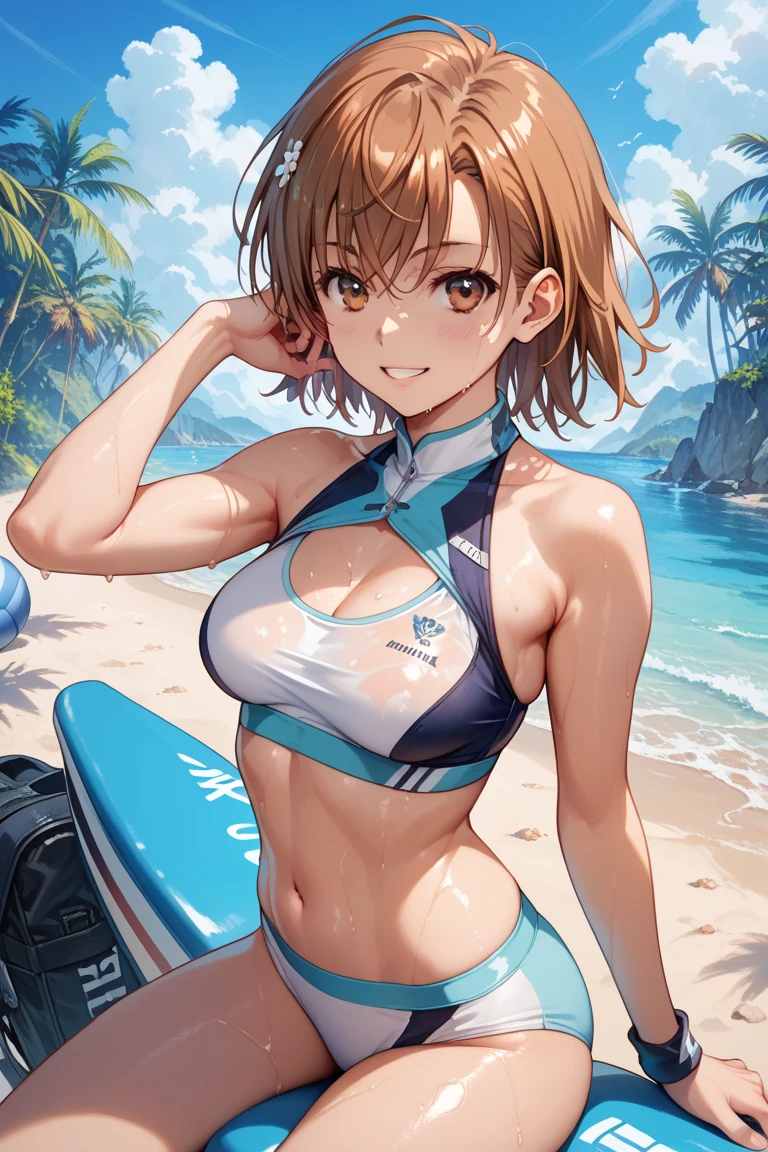 Surfing:1.5, cute, Beauty, Shortcuts, Haibara Ai, Brown Hair, (masterpiece), highest quality, 1girl, uhd, retina, masterpiece, ccurate, anatomically correct, textured skin, super detail, high details, high quality, best quality, highres, 4K