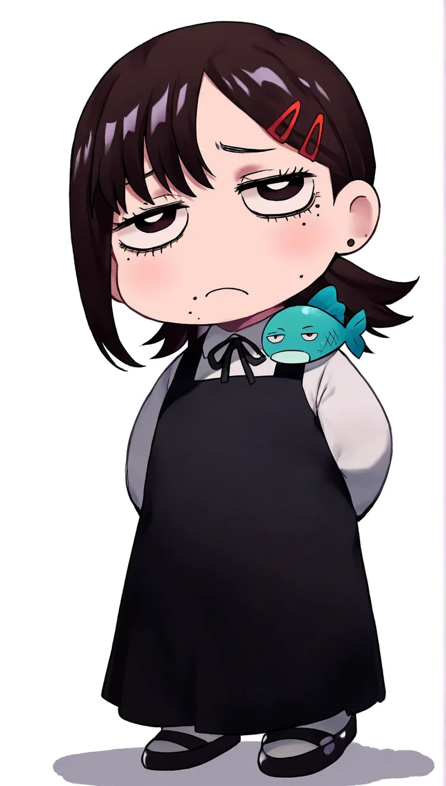1girl, far view,Pregnant, black hair, wearing a dress with stockings, shark tail, jagged teeth, dark blue eyes, halo, holding a rifle 