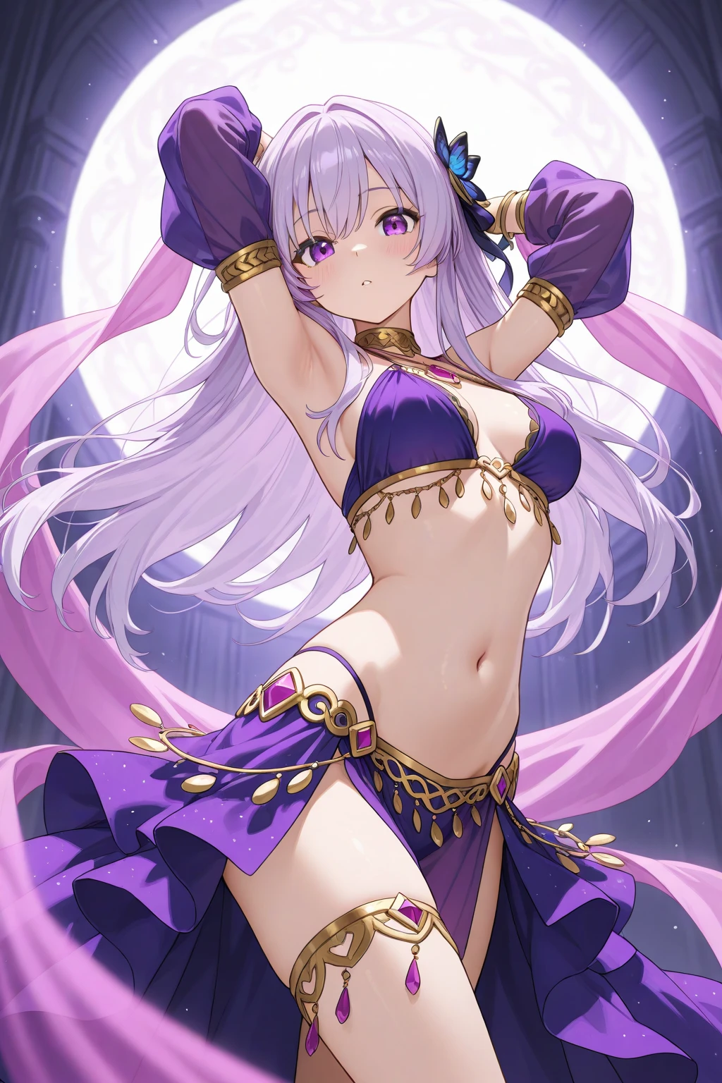 slender, mature female,jewelry, looking_at_viewer, armlet, ring, earrings, detached_sleeves, silver_hair, breasts, dress, bangs, ribbon, purple_dress, hair_ribbon, purple_ribbon, armor, blush, 1girl, bikini_armor, thighs, open_mouth, long_hair, purple_sleeves, bare_shoulders, rating:safe, thighhighs, small_breasts, sitting, thighlet, purple_legwear, heart, wariza, red_eyes, large_breasts, miniskirt, pink_eyes, pelvic_curtain, bracelet, smile, skirt, flower, navel, seiza, collarbone, feet, circlet,