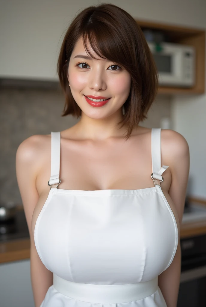 (highest quality、8K、32K、masterpiece、tfwiki:1.2)、photo of cute japanese woman、black short hair、beautiful face、((bent forward:1.3))、(From above:1.2)、(Close-up:1.4)、throw、Wide々apron、Cute apron、big and full breasts、(Beautiful breasts:0.9)、Wind、shiny skin、kitchen、