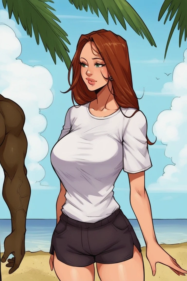 cowboy shot,m4r1554 woman,solo,t-shirt,shorts,hetero,solo focus,makeup,beach,lipstick,pink gloves,(flx4ppl art style:0.5) BREAK <lora:Expressive_H:0.8>,expressiveh,score_9,score_8_up,score_7_up,<lora:flxpdxl-v2-32:0.8>,