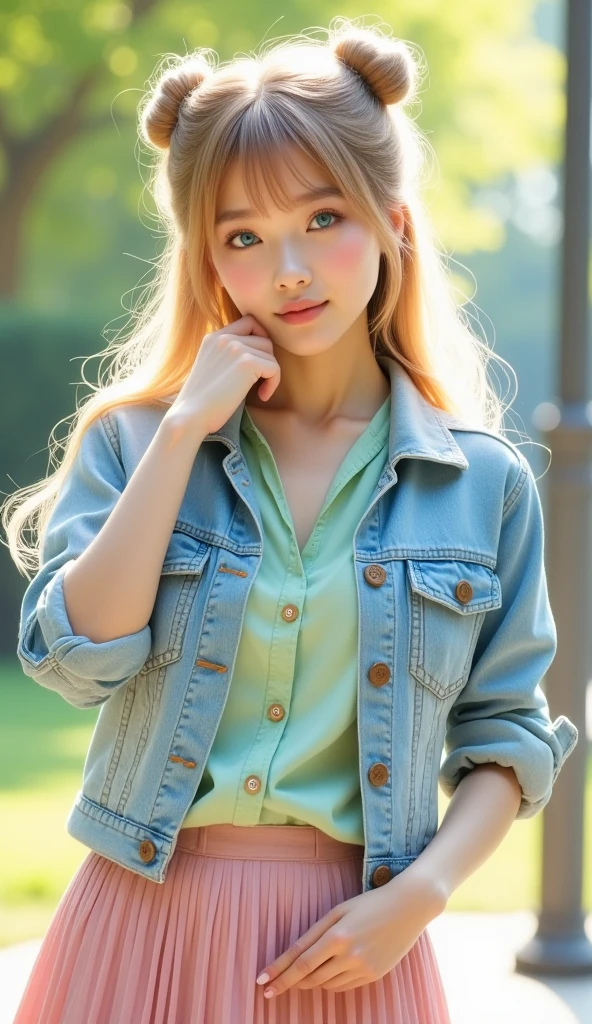Bridget is a beautiful young woman with blonde waves hanging over her shoulders.、Her beautiful blue eyes reflect the serenity of her surroundings.、I was standing in front of a picturesque view of the park.。The sun casts complex shadows on her delicate features、It highlighted the fine details of her flawless complexion。She is wearing a jacket that accentuates her slim figure.、It exuded a light elegance.。At that moment、It's perfectly captured in this masterpiece.、Proof of the highest quality and high resolution of your photos.。From the texture of the jacket to the shine of the lustrous hair、Extremely detailed down to the last detail、The result is a breathtakingly beautiful image.。
