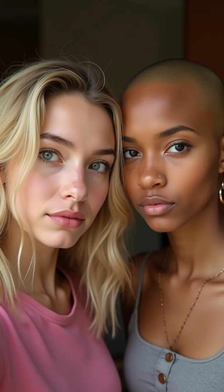 30-year-old dark skinned Nigerian woman named Biena and, her pale white American lover with pink blonde hair named Estella, rival e-sports athletes, gamers, streamers, very feminine, (hugging each other tight, squishing their bodies together, slow dancing, hanging in her arms, flowing together), gazing at each other, eyes averted, in love, lusting after each other, they had sex together, (detailed gaming room, computer setup, streaming room, colored lights, pink glow, orange glow, blue glow), (( Estella is a pale white American woman, long pink blonde hair, curly hair, bangs over forehead, lots of freckles all over her body, red cheeks, red nose, eyeliner, white skin, slim body, fit body)), ((Biena is 30-year-old, sexy African woman, black short and straight hair, bangs, dark brown African skin, suntanned skin, black skin, onyx skin, ebony skin, tattoos on her body, thick thighs, slightly chubby)), ultra-realistic photo, feminine features, ((both have very different facial features, ethnicities, and skin colors)), ((wearing nothing but headphones, no shirt, no bra, pink sweatpants)), conjoined, 2 heads, different heads, different skin colors, vitiligo, harsh mixing, clear boundary where skin color changes, smooth transition, contrasting skin colors