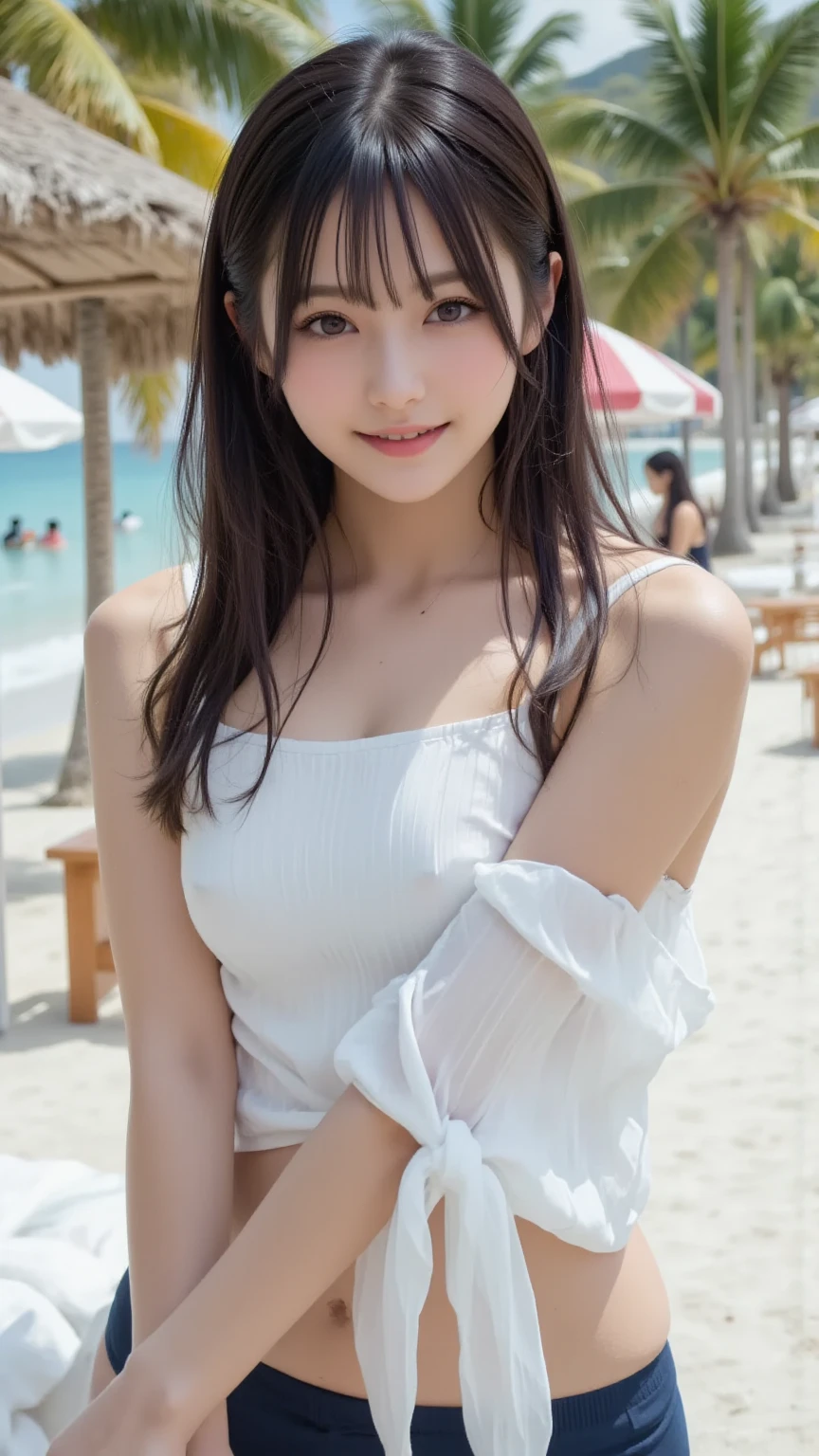 (high-definition CG unified 8K wallpapers)、(a masterpiece of)、(Top image quality)、(ultra-definition)、(Best Illustration)、(The best shadow)、(Realism:1.4)、(PureFace_v1:0.5)、Real human skin、lensflare、Sunnyday、Back lighting、Many flowers、natural lightting、Hard Focus、Deep Focus、((non-blur))、(gaze at the viewer)、Shot from a low position、Knee shot、女の子1人、(Younger than 12 years old)、独奏、Sunburned skin、Petite and thin girl、Beautiful fingers in every detail、Glossy ordinary nails、thighs thin、(Very young Japan beautiful girl)、small nostrils、A clean and healthy smile、(A smile)、Soft lips、pale cherry colored lips、(Bright eyebrows: 1.4)、shiny large black eyes、Chest flat、(Flat-chested: 1.4)、(medium or semi-long black hair,:1.1)、(Beautiful girl with cute loli face:1.6)、cute and big eyes、(The corners of the mouth rise:1.4)、((Raise your hand to show your beautiful armpits clearly))、Triangular sitting with open feet、facing front、lightly dressed、(1 light white camisole)、Skin shines through clothing、Clothes are soaked and see-through、lightly dressed、((light colored short spats that are thin and fairly tight:1.2))、Plump round face、Sky with beautiful details、Summer coast、(smile shy:1.8)、cheeks are reddened、Eyes for hollow details、Floating hair、large eyes that are symmetrical、Protrusions、hair clips、Rat trail section、Inside the thigh、Hamstring、No face makeup、No makeup、No shoulder-to-arm clothing、Cool colored outfits for summer、