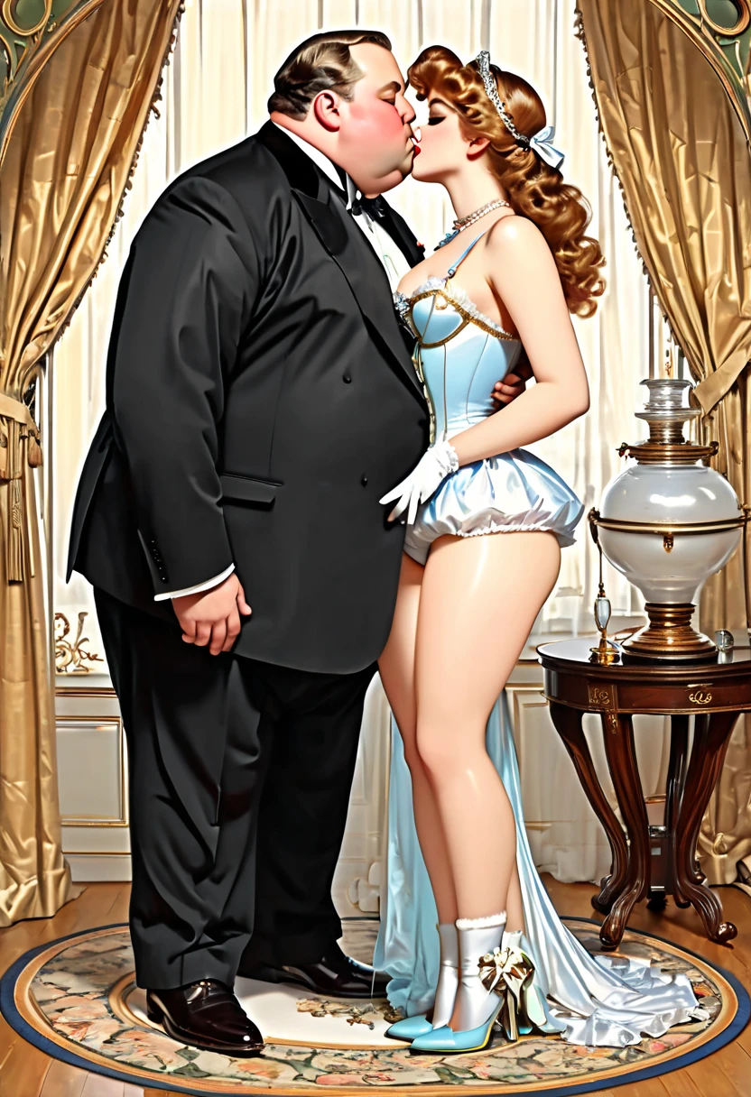 ((Full body photo of a woman dressed as a maid and an old man)). "She has red hair, green eyes, a maid's headdress on her head, very tight around her body, big breasts, "he is bald, strong body wearing, he is wearing teddy bear pajamas in blue, he is beside her with his hand on her waist" "She has a flushed face, heavy makeup on her face, red lipstick", both are in a hotel room in front of the room's exit, anime style, Pixar, 16k, highres, best quality, award winning, textured skin, UHD, masterpiece, retina, anatomically correct