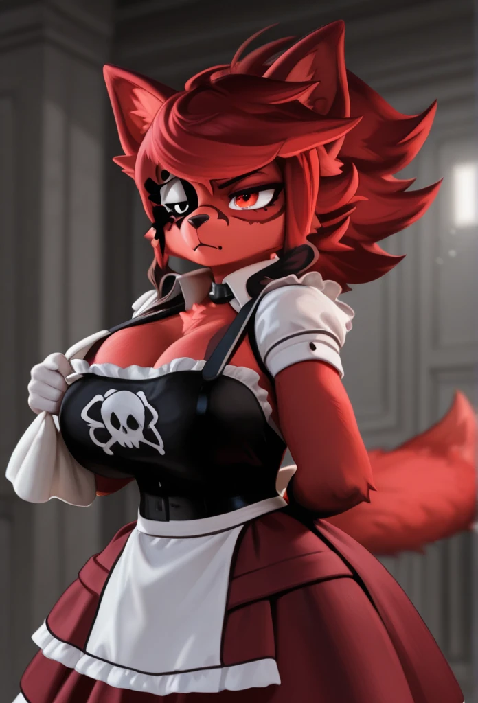(best quality, masterpiece1.2), 1girl, solo, human, cally3d, (Fexa), red body, red hair, woman, maid, fox ears, fox nose, pirate hook, crossed arms, sexy, detailed, extreme detail, perfect lighting, 4k, yellow eyes,