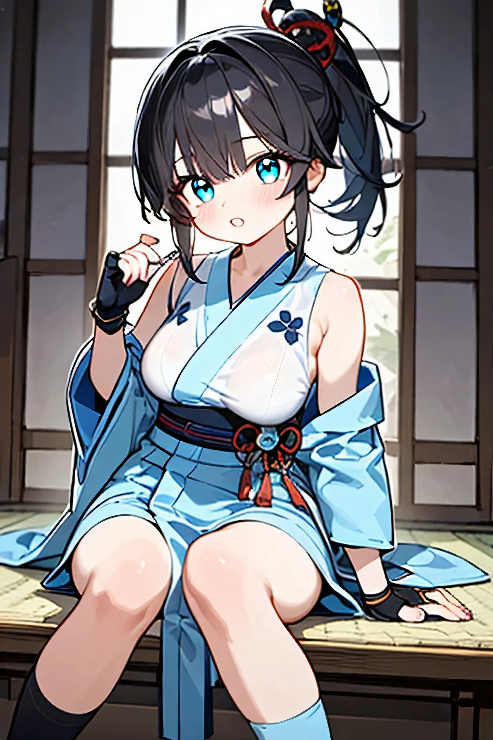 おしりつきあげ、In underwear、Blue Bra、Blue Panties、Panties in full view、In underwear、 1girl, utsumiericeFA,long sleeves, bare shoulders, jewelry, puffy sleeves, necklace,, streaked hair, blue ribbon, puffy long sleeves,magatama,