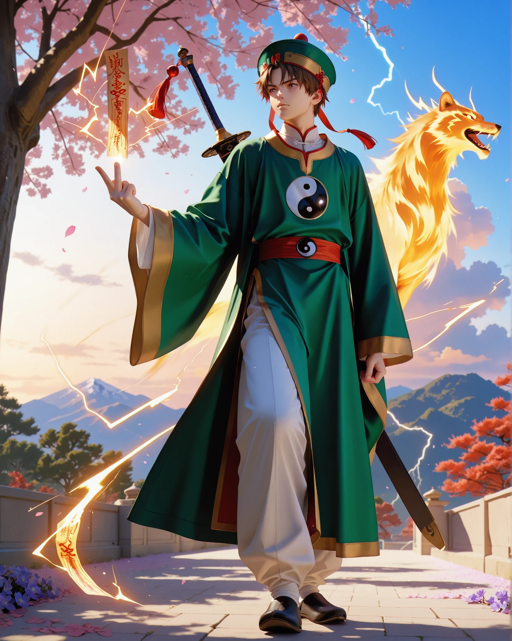 (masterpiece, absurdres, realistic:1.2), (photorealistic:1.5), best quality, Ultra High Resolution, 1boy, RiShaoran, japanese boy, very handsome, perfect face, cute face, intricate detail, clear and beautiful detailed eyes, detailed skin, pale skin,
male focus, solo, brown hair, brown eyes, hat, green headwear, chinese clothes, shirt, white shirt, pants, white pants, robe, green robe, yin yang, long sleeves, wide sleeves, perfect hand, the index and middle fingers of the right hand holding a vertical talisman (the talisman has four large chinese characters "雷帝招來" in the middle, lightning magic flashes around it), left hand holding a sword, Excellent body proportions, perfect anatomy, dynamic pose, full body,
outdoor, sky, cloud, flower, tree, cinematic composition, soft lighting, Cinematic Lighting, deep shadows, Bright colors,