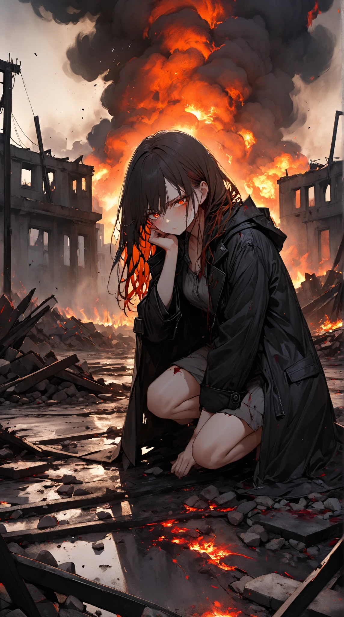 (best quality,4K,8K,mackerel,masterpiece:1.2),very detailed,(realistic,photorealistic,photo-realistic:1.37),Girl standing on the battlefield and crying,black cat girl,long hair,tearful eyes,sad expression,wearing tattered clothes,dirt and mud on her face,dust and smoke in the air,Damaged buildings and ruins around her.,Broken weapons and debris are scattered on the ground.,Dark and gloomy atmosphere,desolate landscape,torrential rain,Thunder and lightning illuminate the sky,ominous clouds looming overhead,Distant explosion splashes red and orange.,Gunshots and screams heard from afar,Bleak and bleak color palette,A splash of vibrant color symbolizing hope and resilience,Soft, dramatic lighting that captures the intensity of the moment.,Emphasizing the girl&#39;s emotions and the chaos of war.