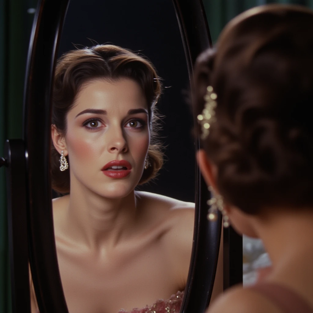 cinematic film still of  <lora:Retro:1> Grainy Cinematic Film stock footage in (arri alexa style) Kodak film print, a woman in a dress looking at herself in a mirror retro style, shallow depth of field, vignette, highly detailed, high budget, bokeh, cinemascope, moody, epic, gorgeous, film grain, grainy