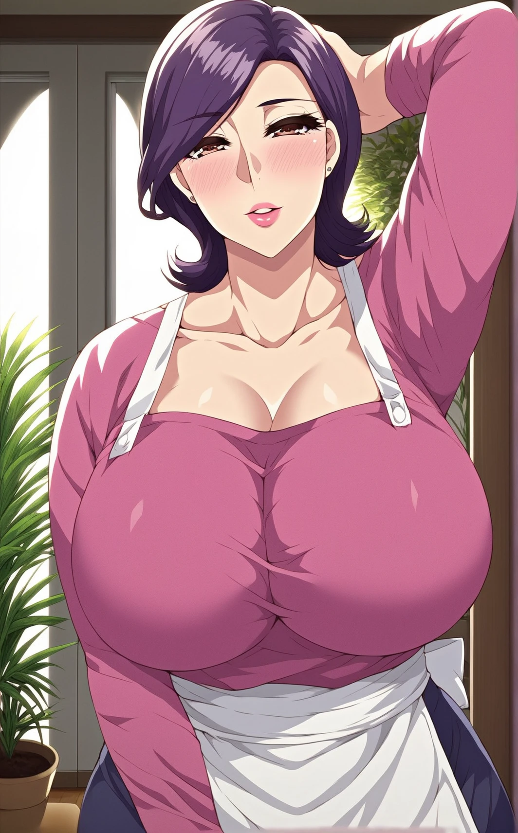 An anime-style artwork depicting Yoshioka_Maki from the game mesukyoshi4l.
Tags: Yoshioka_Maki, anime, detailed eyes, detailed lips, ass, (tank top:1.1), cleavage, pencil skirt, miniskirt,curvy, thighs, higheels, shiny clothes, skin tight, cleavage, long hair, solo, huge breasts, (violet eyes), smiling expression, intense gaze, dynamic pose, indoor, palace, vibrant colors, digital art, high-resolution, professional quality, gigantic breasts, (underboob : 1.4), curvy, cowboy shot, (gigantic breasts: 1.4),