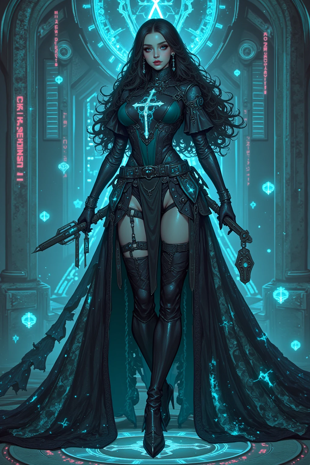 A cyberpunk priestess, her body adorned with luminescent tattoos resembling circuitry, conducting a ritual amidst a cathedral-like structure formed by floating, intertwining fractal patterns that emit an ethereal glow in a cybernetic realm.
