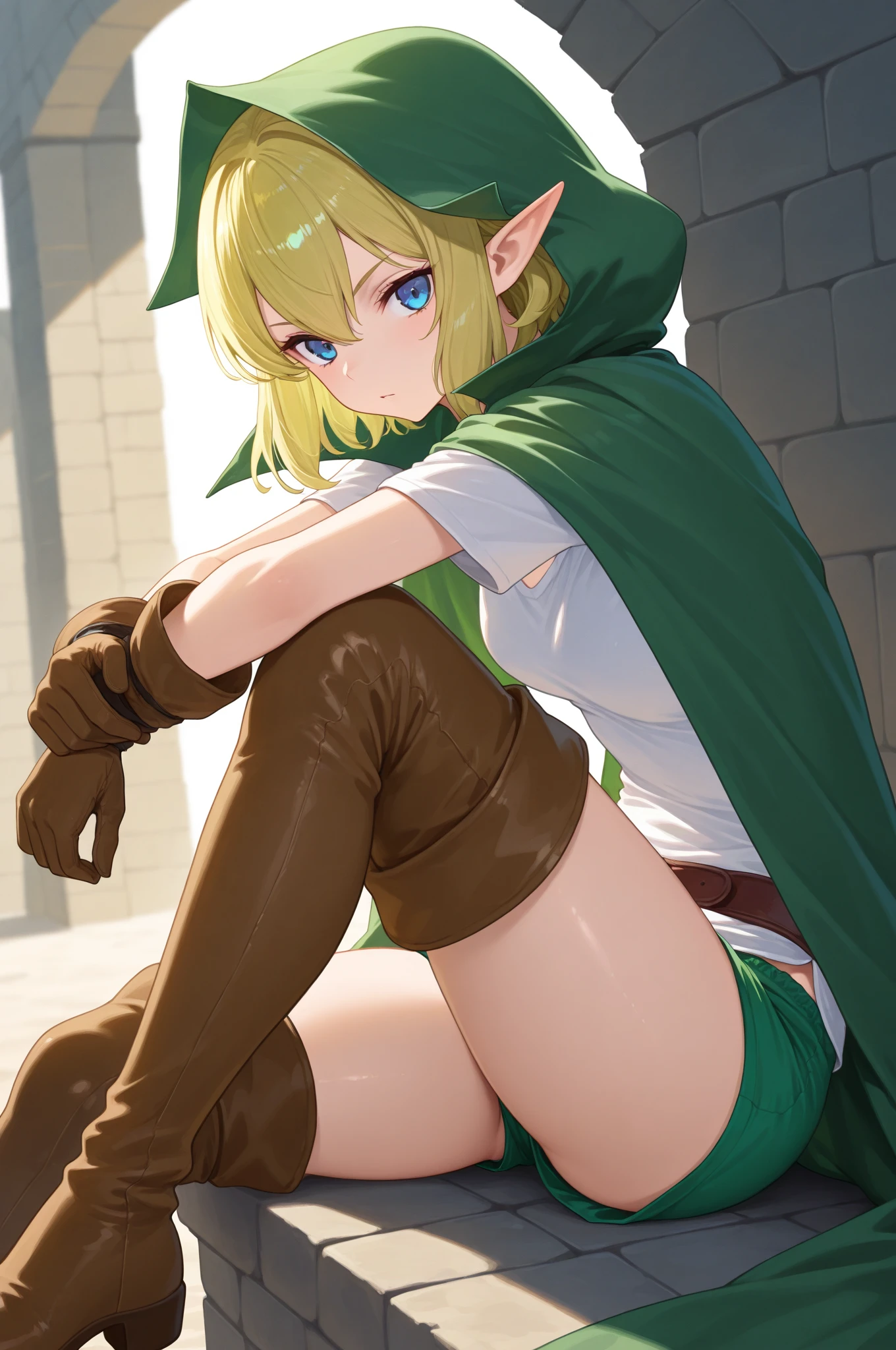 NSFW,Ryu Lion、Blonde、blue eyes、Elf、Eye hair、Pointy Ears、short hair、(Small breasts:1.2),boots、茶色のgloves、Bloomers、Cape、Cape、clavicle、Elbow Gloves、gloves、緑Bloomers、緑Cape、緑Cape、緑Shorts、Food、Food付きCape、shirt、Shorts、サイハイboots、Thigh-high socks、白shirt,(Perfect hands),(Perfect Anatomy),(masterpiece),(highest quality),Embarrassed,blush,cave,Dungeons,(One man:1.5),Lift your butt