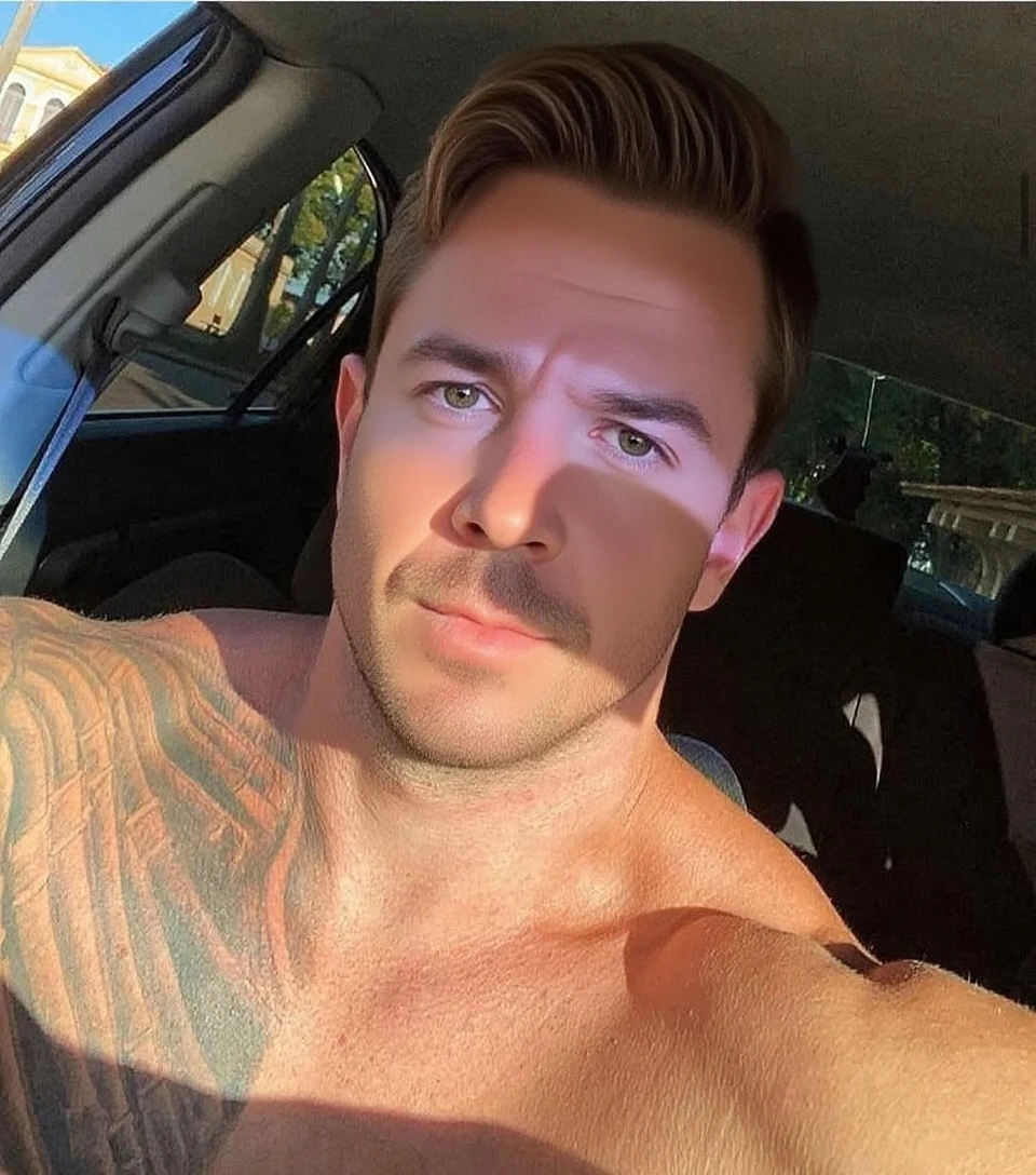 The man will not wear a shirt, He will be completely naked, and you will see his entire naked chest, full and complete. Add his muscular arm and an additional hand from another man grabbing his erect penis., naked body