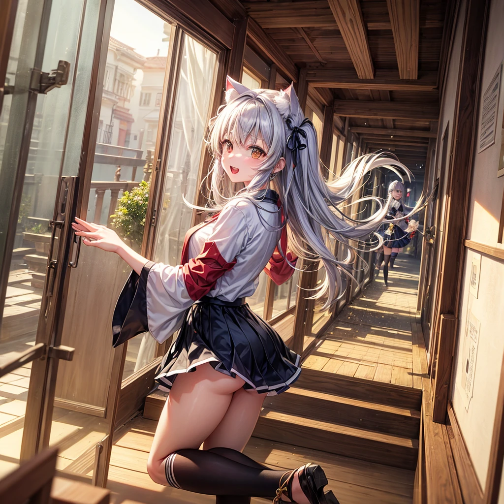 masterpiece,1girl,solo,white hair,gym storeroom, Koneko Toujou (DXD), 1girl, white cat ears, (classic uniform), white cat tail, school hallway, red skirt, small breasts, black ribbon,cat ears,blush,open mouth, (sarashi),bandage, (kneeling:1.3),indoors,(from back),ass,bare back,bare shoulders,