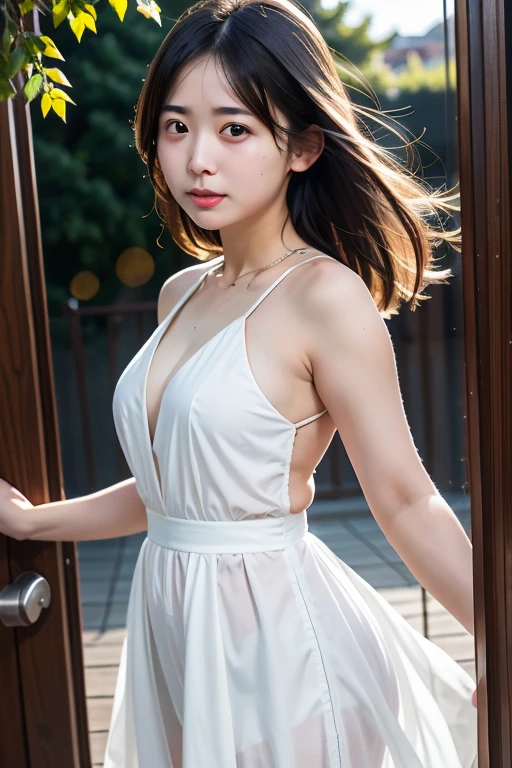 masterpiece、highest quality、cinema、(Detailed both eyes)、(cute japanese woman、bangs:1.3)、23 years old、1 girl、elegant、black hair、(auraroid photo:1.2)、sundress