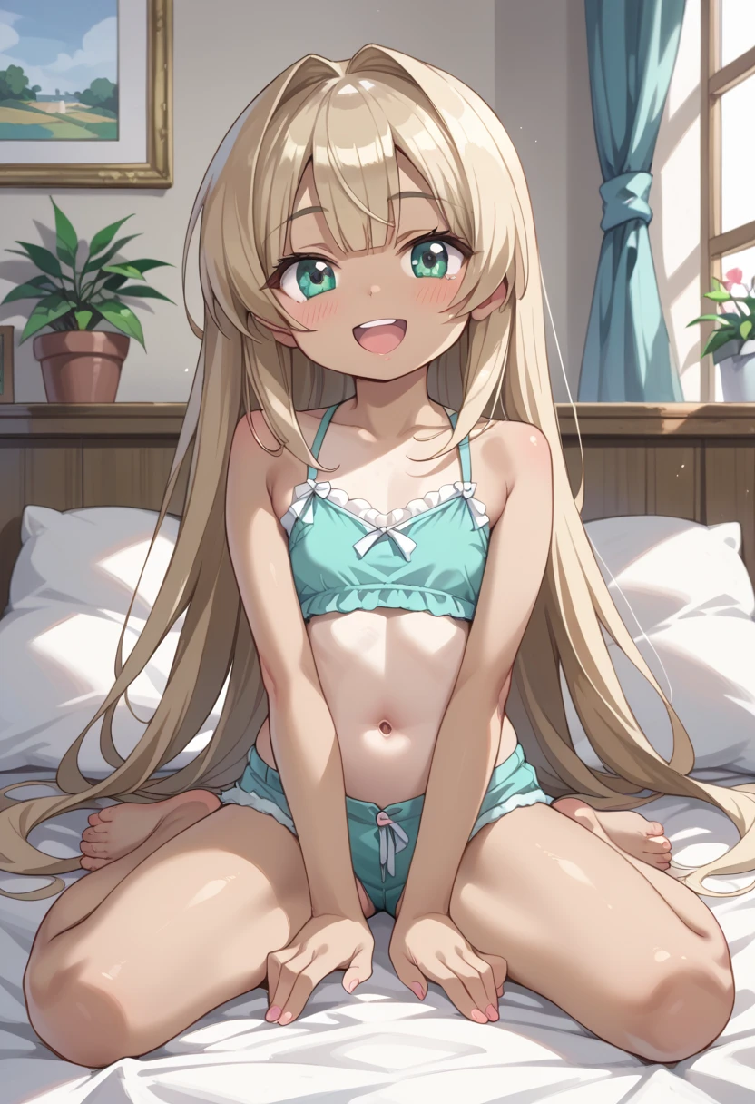 (best quality, masterpiece:1.2), (1girl, solo:1.2), cute, smile, (looking at viewer, solo focus:1.2), light on face, anzu futaba, white lace bra, collarbone, masterpiece:1.5, high quality, white lace panties, blush, highest quality, very detailed,1 girl, alone, wide-eyed, looking at the viewer, face-to-face, on bed, smile, blush, Sweat, cute, ((spread legs)), lying, on back, knees up, white background, camel toe, pussy juice, light on face, flat chest, slim leg, light on face