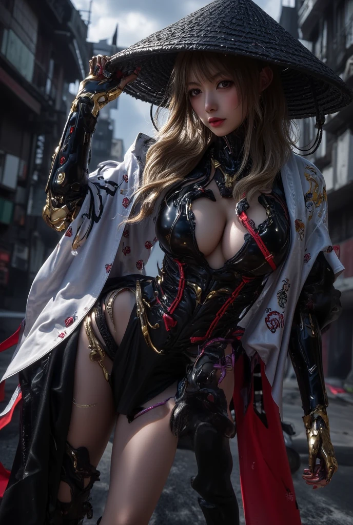 (ultra realistic,32k, masterpiece:1.2),(high detailed skin:1.1),( high quality:1.1),
<lora:nui_sociere_v1:0.8>aanui, long hair, blonde hair, hair between eyes, yellow eyes, witch hat, black headwear, cape, cleavage, bra, clothing cutout, black dress, navel cutout, elbow gloves, black gloves, black thighhighs,,(looking at viewer, standing,:1.1),, huge breast,large breast,<lora:add_detail:0.91>,
(neon light:1.1), dragon's roost, fiery perch, ancient dragons, guardians of ancient wisdom, blurry background,