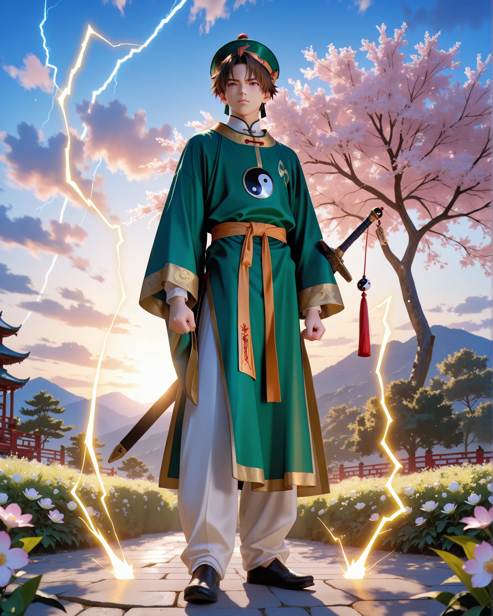 (masterpiece, absurdres, realistic:1.2), (photorealistic:1.5), best quality, Ultra High Resolution, 1boy, RiShaoran, japanese boy, very handsome, perfect face, cute face, intricate detail, clear and beautiful detailed eyes, detailed skin, pale skin,
male focus, solo, brown hair, brown eyes, hat, green headwear, chinese clothes, shirt, white shirt, pants, white pants, robe, green robe, yin yang, long sleeves, wide sleeves, perfect hand, the index and middle fingers of the right hand holding a vertical talisman (the talisman has four large chinese characters "雷帝招來" in the middle, lightning magic flashes around it), left hand holding a sword, Excellent body proportions, perfect anatomy, dynamic pose, full body,
outdoor, sky, cloud, flower, tree, cinematic composition, soft lighting, Cinematic Lighting, deep shadows, Bright colors,