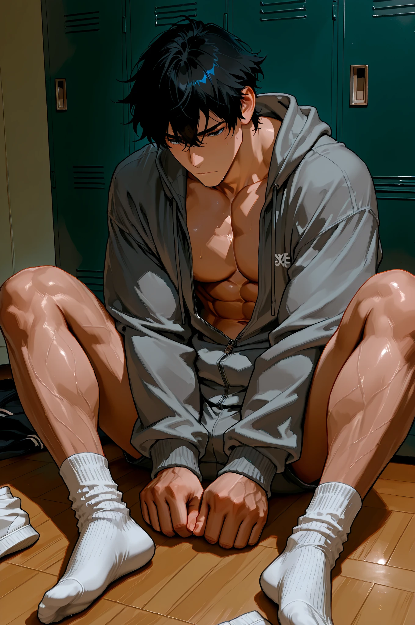 shirtless, super muscular, sweat-drenched body, dripping with sweat, 22-year old short black hair male wearing sweat-drenched white basketball shorts and rubber shoes, panting, very exhausted, drenched with sweat, sweating profusely, shirtless, sitting on the bench, bottled water, towel, in the locker room