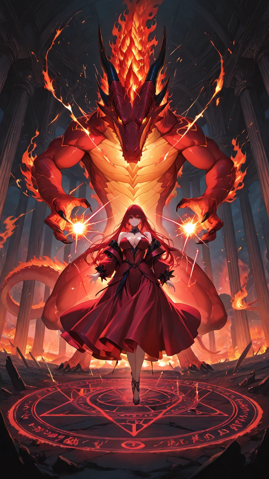 ((Sitting on a large throne)), ((Dragon tribe)), (Dragon King), (Red hair), ((Hair burning in flames))((Empress)))