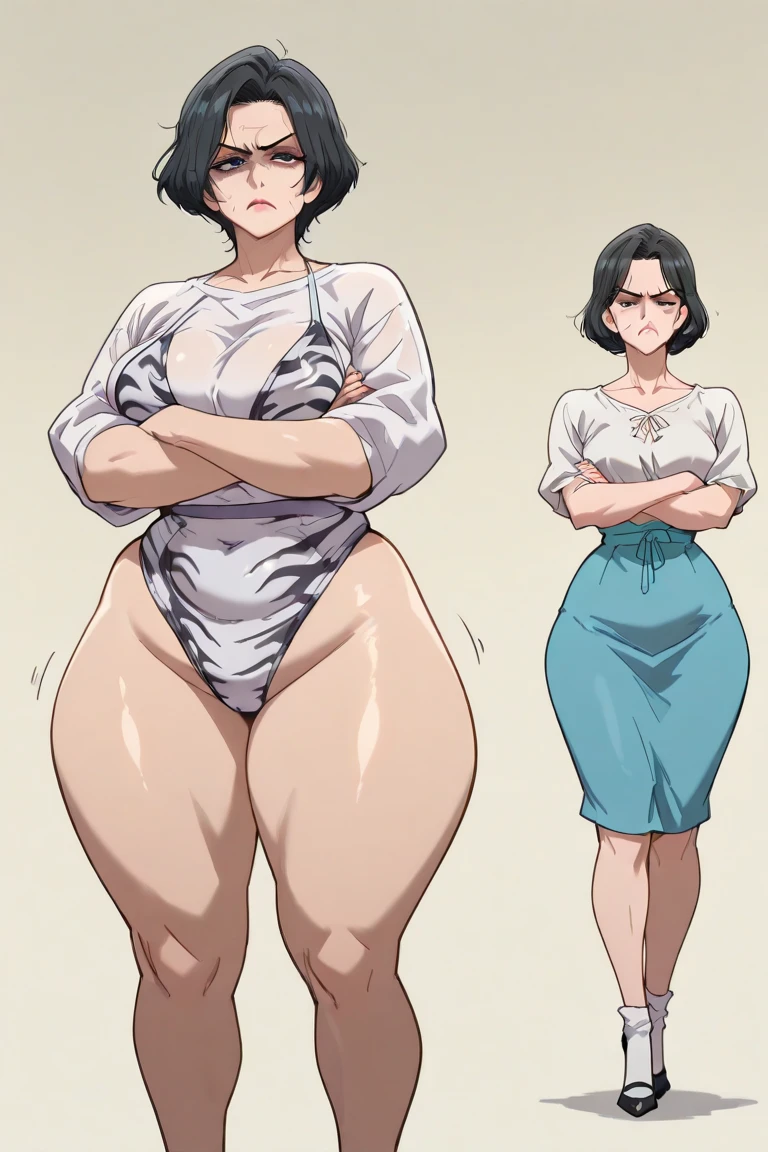 best qualityer,(tmasterpiece:1.2),highly detailed,are standing,Mature woman,
1girll, 独奏, hamaoka azusa,
looking at viewert,ssmile,,
Purple eye,Purple colored hair,short detailed hair,green-shirt,Red bra strap,Rounded and full buttocks,plumw