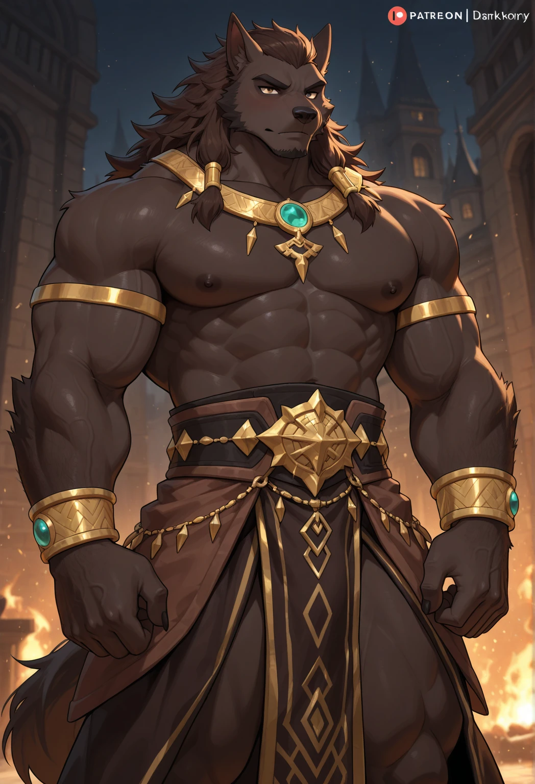 Muscular, male, furry, fluffy, Covered scars, bare chest, hot, wet, abs, wide body, egyptian jewelry, egyptian armor, Looking at viewers, thick beard , (bara pecs: 1.1), anthro jackal, anubis mask, black body, black furr chest, wide body, big chest , thick thighs, dark underwear, (bulge: 1.1), barely visible genitals, detailed genitals outline , intimidating expression, gold nipples ring, dark dramatic lighting, night time, low angle, dutch angle, by hyaku , by darkgem