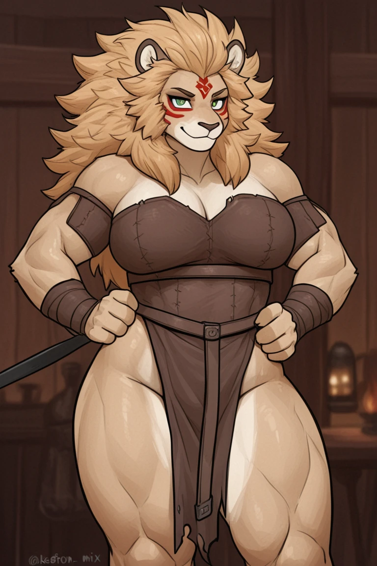 詳細な目, Detailed muzzle, Detailed nipples, Detailed vagina, a one woman, Furry, Anthropomorphic Lioness, Lioness Woman, A woman in her fifties, prostitute, Tail of a lioness, Fat, Fat belly, Fat ass, Fat butt, Thick legs, thick arms, thick neck, Thick muzzle, thick cheeks, big breastes, saggy breasts, flabby breasts, brown nipples, large nippel, Thick nipples, long nipples, Orange Eyes, saggy vagina, flabby vagina, old vagina, Dressed in mesh stockings, fishnet stockings, Dressed in a black thong, Thong digging into the vagina, Dressed in an open bra, Holding a small black handbag in his hands, Transparent bra, Around the neck is a black leather collar with a tag, stands against the wall of a brick multi-storey building, the night, Lantern lights.