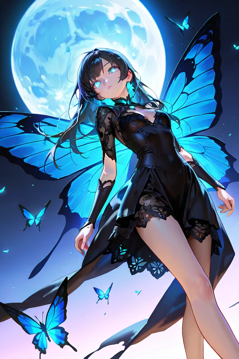 Woman with dark blue hair, butterfly wings, galaxy rainbow, leotard