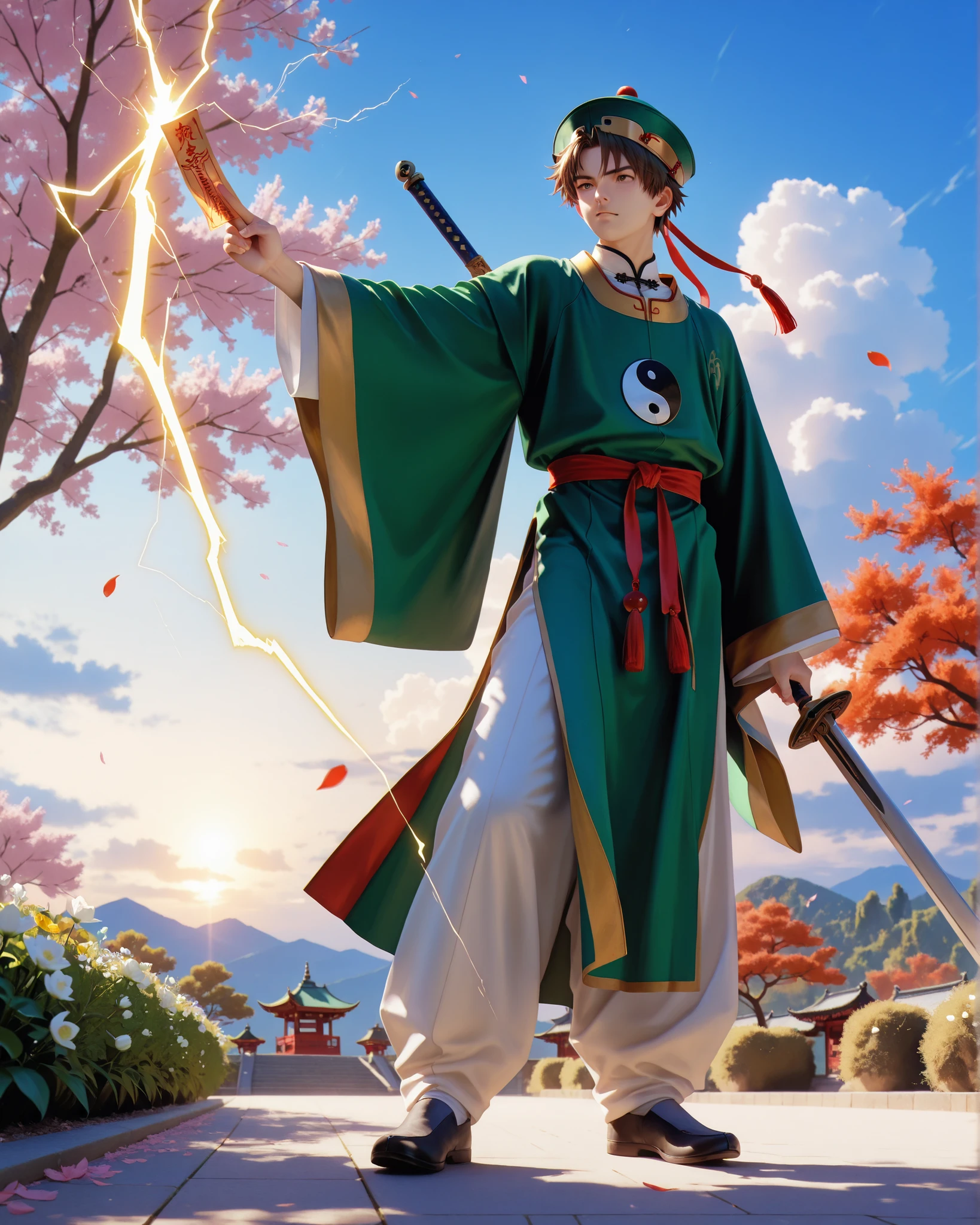 (masterpiece, absurdres, realistic:1.2), (photorealistic:1.5), best quality, Ultra High Resolution, 1boy, RiShaoran, japanese boy, very handsome, perfect face, cute face, intricate detail, clear and beautiful detailed eyes, detailed skin, pale skin,
male focus, solo, brown hair, brown eyes, hat, green headwear, chinese clothes, shirt, white shirt, pants, white pants, robe, green robe, yin yang, long sleeves, wide sleeves, perfect hand, the index and middle fingers of the right hand holding a vertical talisman (the talisman has four large chinese characters "雷帝招來" in the middle, lightning magic flashes around it), left hand holding a sword, Excellent body proportions, perfect anatomy, dynamic pose, full body,
outdoor, sky, cloud, flower, tree, cinematic composition, soft lighting, Cinematic Lighting, deep shadows, Bright colors,