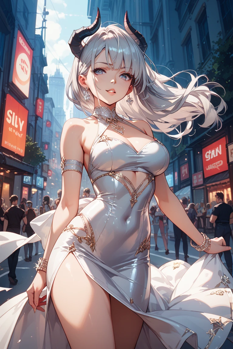 official art, masterpiece, sharp focus, (beautiful gorgeous cute Korean woman:1.3), (beautiful cute korean:1.3), korean beauty, Delicate and beautiful hair and eyes and face, realistic, ultra detailed, beautiful girl, blue sky, glow white particle, (sidelighting:1.2), sun light, white cloud, detailed clouds, slender, Lovely very large breasts and very large hips, smile with teeth, ((smile with eyes, open both eyes)), scenery, long straight hair, sexy facial expression, building, (cityscape:1.7), dynamic hair, long straight hair, detailed platinum pink hair, glow blue eyes, (blue pleated shirts + white skirt), white long socks, pale skin, hair ornament, epic scenery,