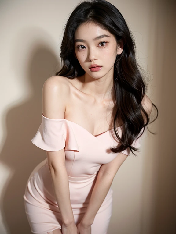 Temperament girl, delicate facial features, big breasts, bangs, pink ponytail, messy hair, hair is very realistic, wearing a pink slip dress, the background is full of wall photos, sea view, Du Qiong, exquisite makeup, light red lips, gentle eyes, double eyelids, black holes, bright eyes, symmetrical face, face is very real, narrow waist, thighs, big breasts, meticulously portraying the girl's face, blush, super high appearance, looking at the audience, very realistic skin, skin oil reflection, artwork, The clothes have a real cloth texture, realistic painting, cinematic style, photography level, ray tracing, real light and shadow effects, realism, masterpieces, like the top photography effects, 8K
