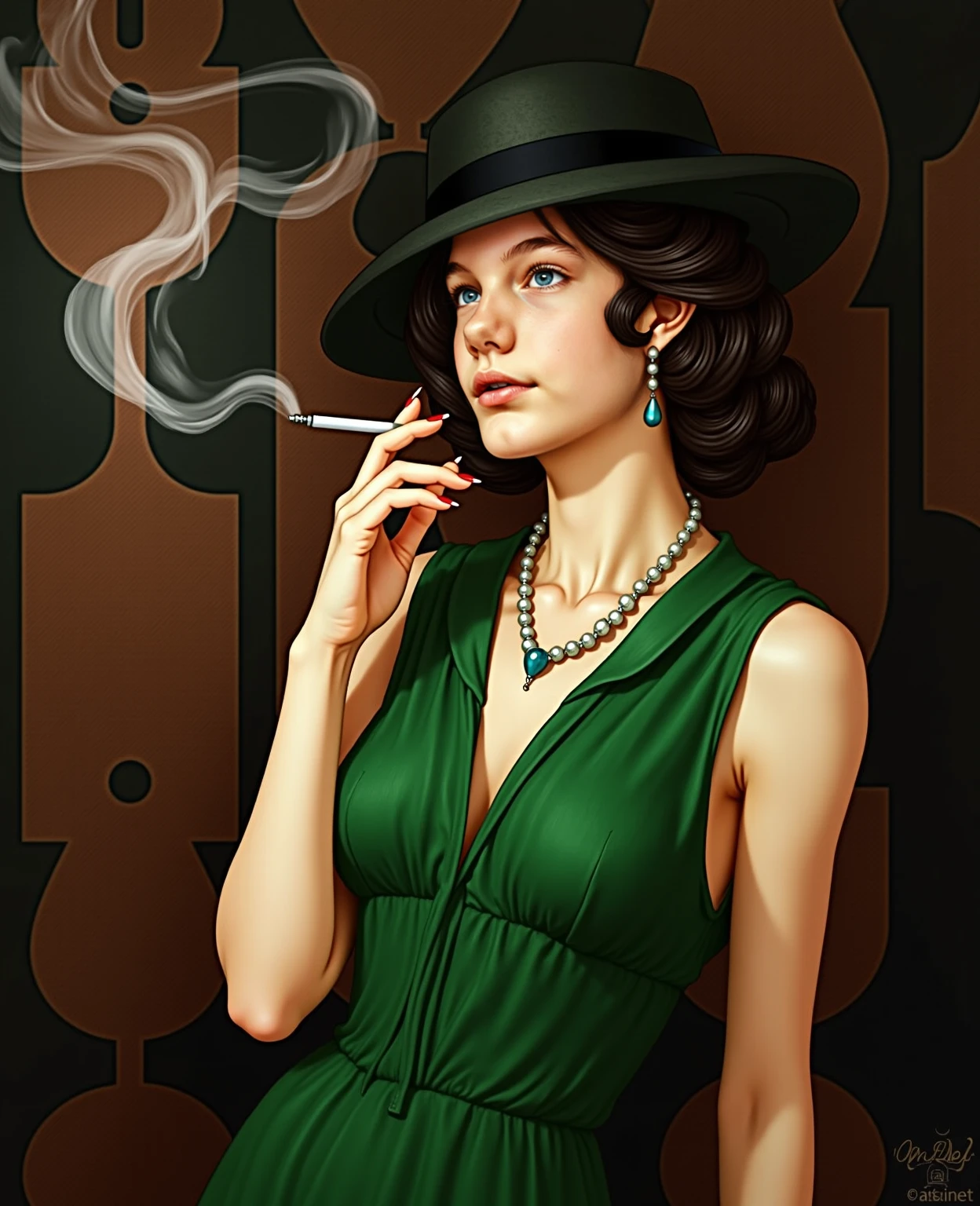 A woman in a green dress and hat smoking a cigarette, otto schmidt, ballerina, pin up art, dark ballerina, pin up, by sergey kolesov, Michael Carson, She is dancing. Realistic, pin up pose, by Alexander Mann, girl pin up, Krentzkus Heart, Roberto Ferri, Gil Elvgren Style, Roysh