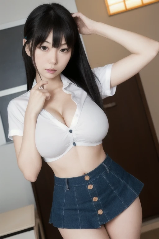 Kaori, Single model, solo, half Asian, half Latino, very long straight black hair, freckles, blushing, wet eyes, long chain pendant, very large heavy breasts, chubby, belly, stretchmarks, ponytail, collar, white collared shirt unbuttoned revealing lace bra, thigh length pleated skirt, knee socks