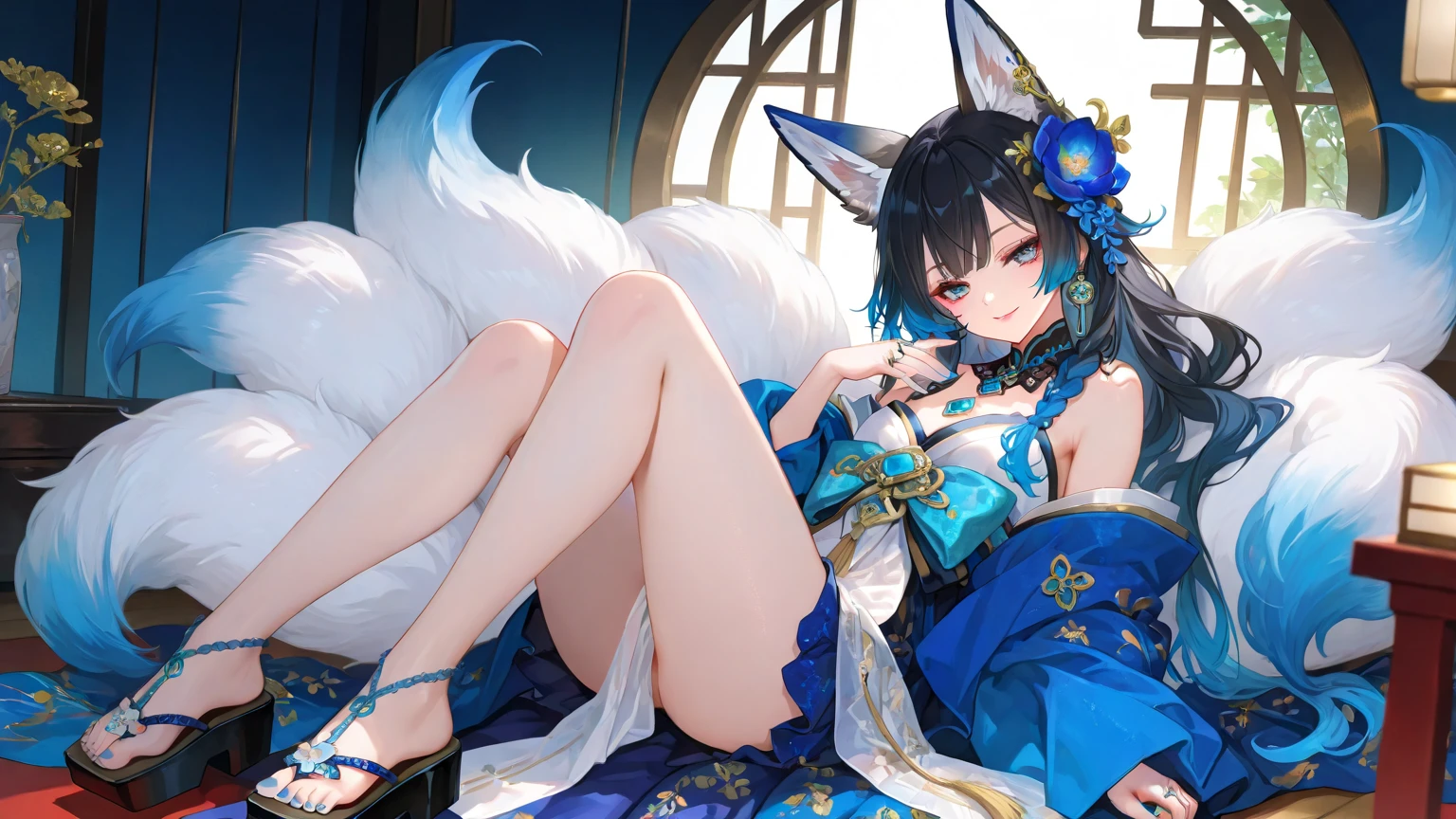 (hyper extreme detailed),(masterpeace),(hyper extreme),(photorealistic),CG,1girl, <lora:Jintsuu:1>,Jintsuu,blue hair, high ponytail, blue eyes,animal ears, hair ornament, kimon,miniskirt, obi,boot