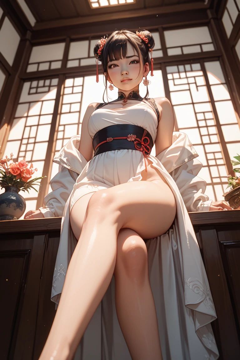 Sexy seductive lady, 30 years old, peach blossom eyes, smoky makeup, silk high-forked hanfu, stiletto heels, (bare legs), provocative expression, sitting on a throne, striped hair, black hair, moles under the eyes, makeup, anime style, seductive smile, kinky smile, chinese court, chinese feeling, lantern, chinese knot, uhq, masterpiece, , 8k, best quality, ccurate, anatomically correct, highly detailed characters, stiletto heels, bare legs, rounded smooth bare legs, (8k, original photo, best quality, Masterpiece,,:1.2),((character)concept art),Full body concept,fine details,Screen center,