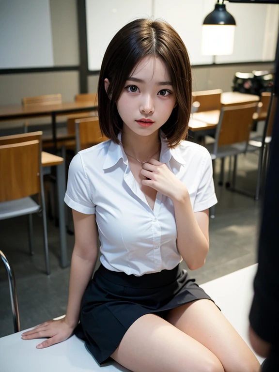 ((top quality, 8k, masterpiece: 1.3, raw photo)), Sharp Focus: 1.2, (1 aespa girl: 1.2), (Realistic, Photorealistic: 1.37), (face focus: 1.1), cute face, small breasts, flat chest, short hair, (white business shirt: 1.1), sitting, panties, from below, classroom, sunlight, movie lighting,