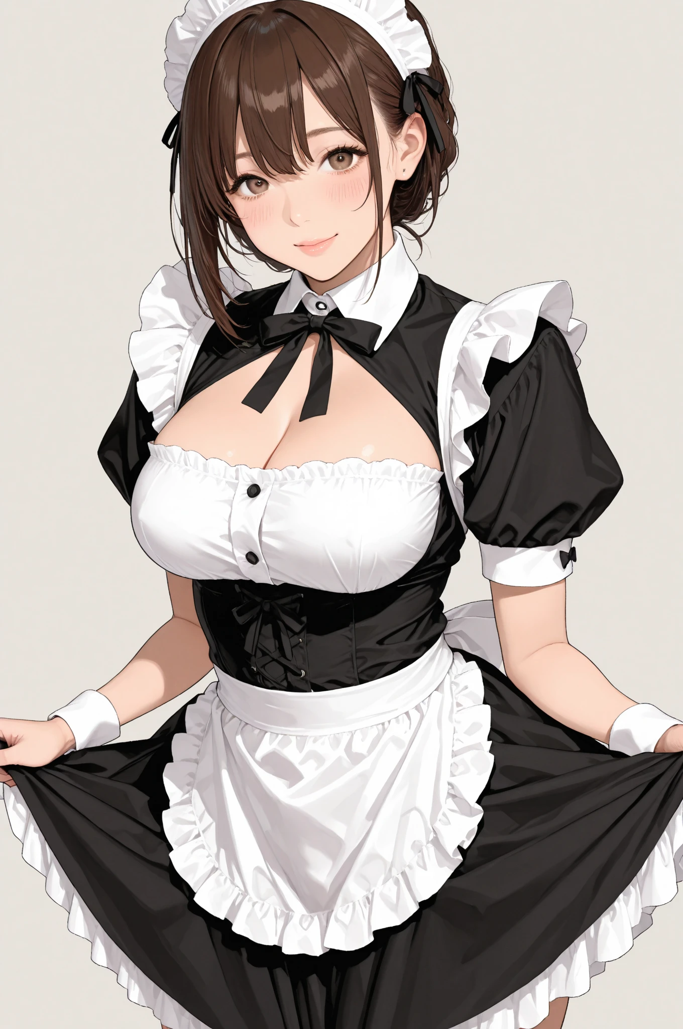 woman,Bob Hair,Large Breasts,Maid clothes,Short sleeve,I can see the valley.Cute black gloves,Cat ears headband,Wear tights,Dark brown hair,Large Breasts,maid Cafe
