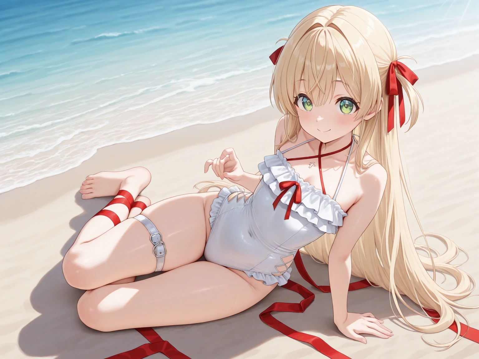Cat Ear Girl，bikini，There is a magic hat on his head，Sitting on the sun，布料Very few，布料Very few，Very few，blonde，Red eyes，Perfect，masterpiece，Ultra high quality，4K Ultra HD