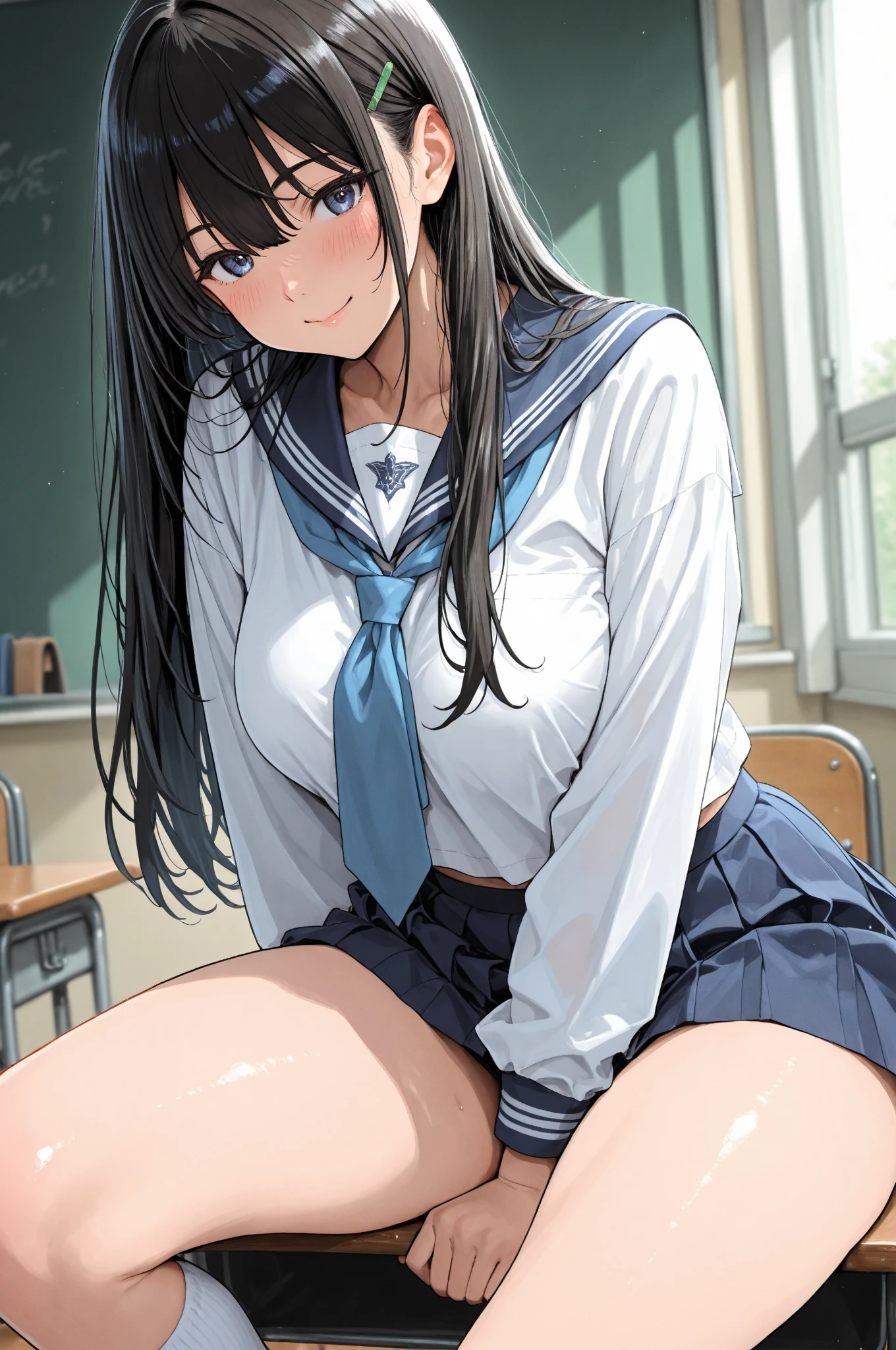 highest quality,masterpiece,8k,1girl,((big breasts:1.3)),orgasm,blush, sweat,mini skirt,lift skirt,upskirt,white panties,Mizuki Yukikaze,hair ribbon, green shirt, serafuku, white neckerchief, long sleeves, pleated skirt, black skirt, black thighhighs,bedroom,((Put one hand in your panties:1.1)),Hand in panties