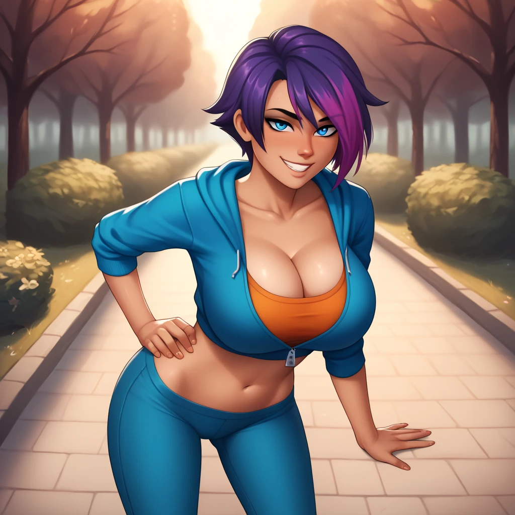 woman, cropped-fc, cleavage, sports bra, detailed face, colorful clothing, park, sky, trees