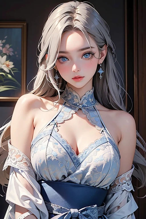 A girl wearing a beautiful pearl peach iridescent gown with shining crystals jewellery with sliver hair