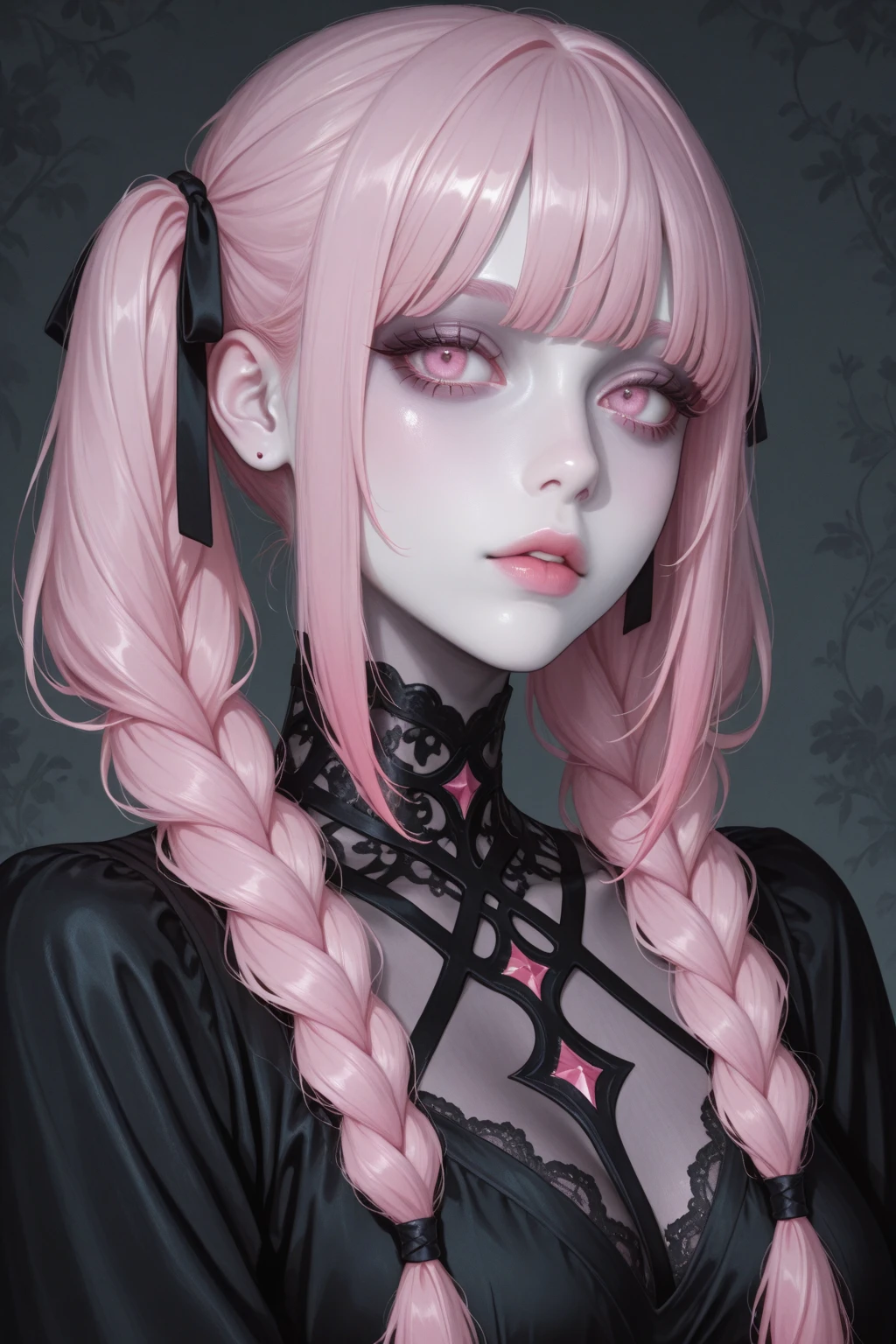envision a 8k, highres, cinematic, close up portrait of a tall woman named Mori Calliope with long pink hair, pink eyes, in a grim reaper robe adorned with skull accessories and a scythe against a dark gray background