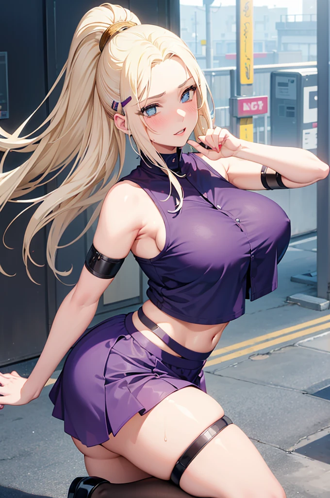 Solo, 1girl, futanari, Early 30s, long blonde hair, large heavy breasts, slender build, pink tank top (braless), short leather skirt, pantyhose, dynamic pose, futanari