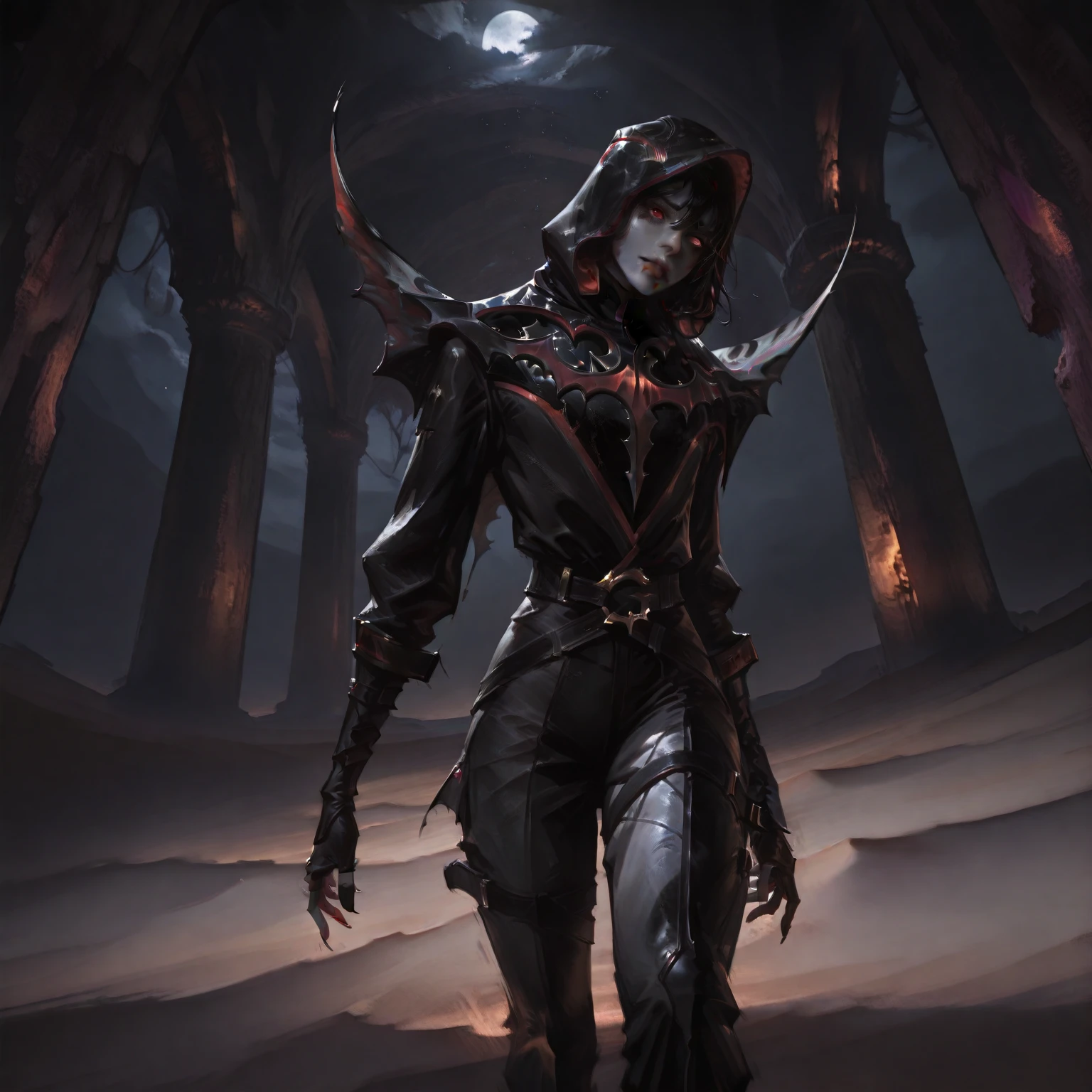 Raven Team Leader, purple hood, animal ears, shaded face, purple skin, scar on eye, (furry), (body fur:1.2), metal gloves, purple fur, belt, straps, :3, torso symbol, looking at viewer, standing, hands on hips, inside a cozy bedroom, large bed, window, night time, high quality, masterpiece, <lora:Raven_TL:.9>
