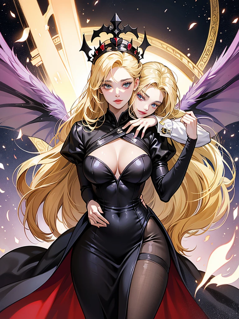 twins，2girls，（An angel，Golden crown，White feathers），（A devil，Skeleton Crown，Black bat wings），Heaven and hell coexist，（（Half blooming flowers，Half withered flowers）），Wings，Quantum entanglement，（（Hyper-realistic）），Roulette of background fate，intricated，offcial art，​masterpiece，high qulity，super-fine，16K resolution，